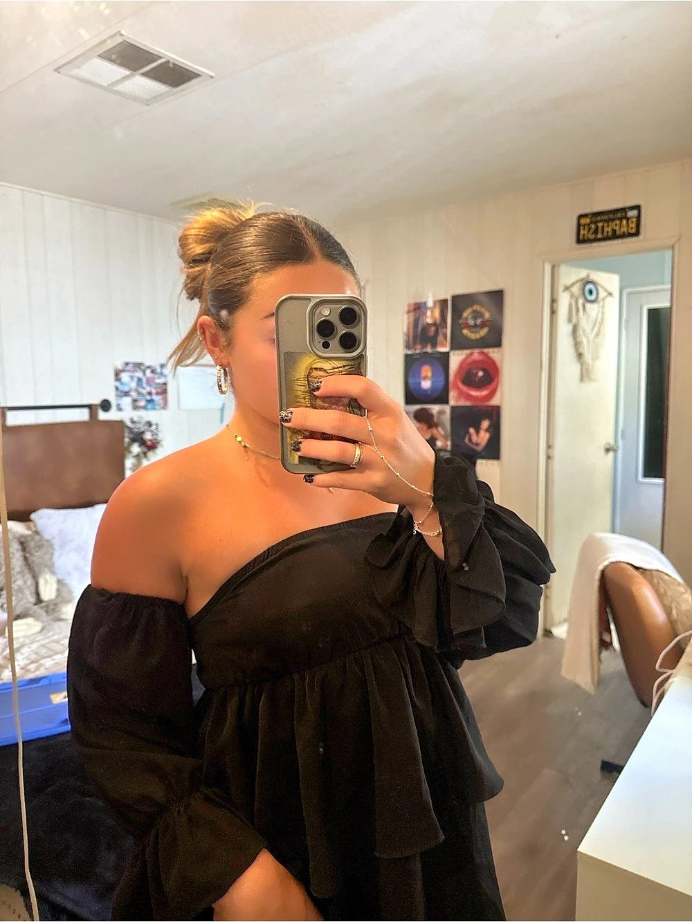 Black Off-Shoulder Ruffle Mini Dress - Picture 3 of 5